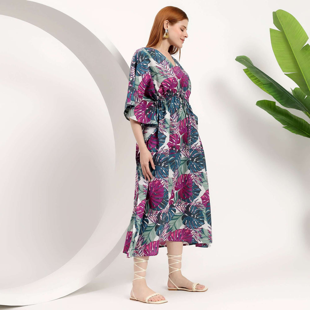 Handmade kaftan resort wear floral leaf print moroccan caftan style oversized fit