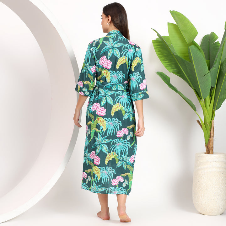 Back view of floral green kimono nightgown