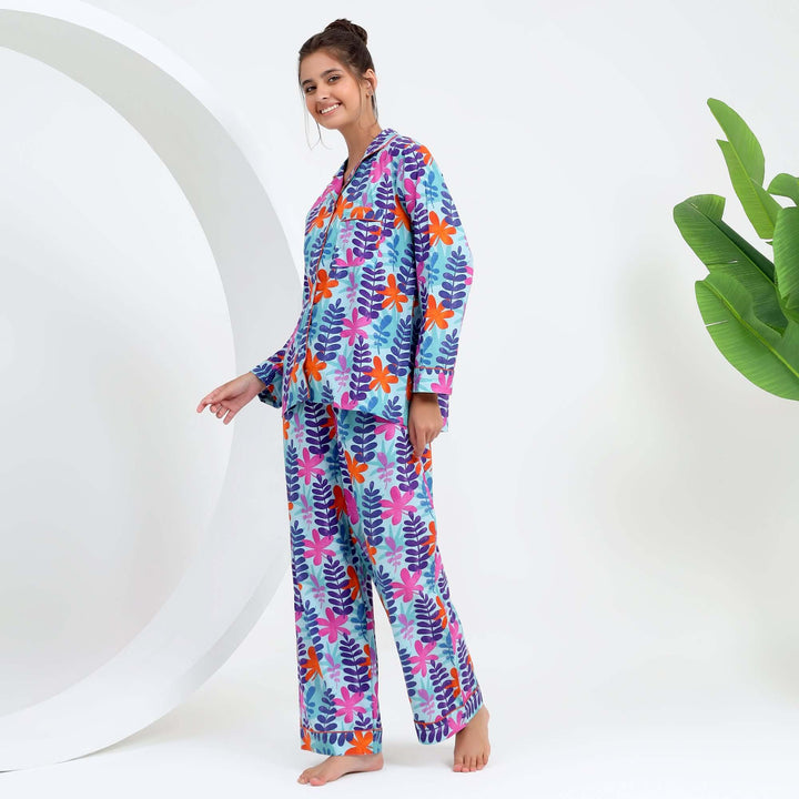 Handmade Indian Pajama PJ Set worn by a model, featuring colorful tropical leaf print in soft cotton.