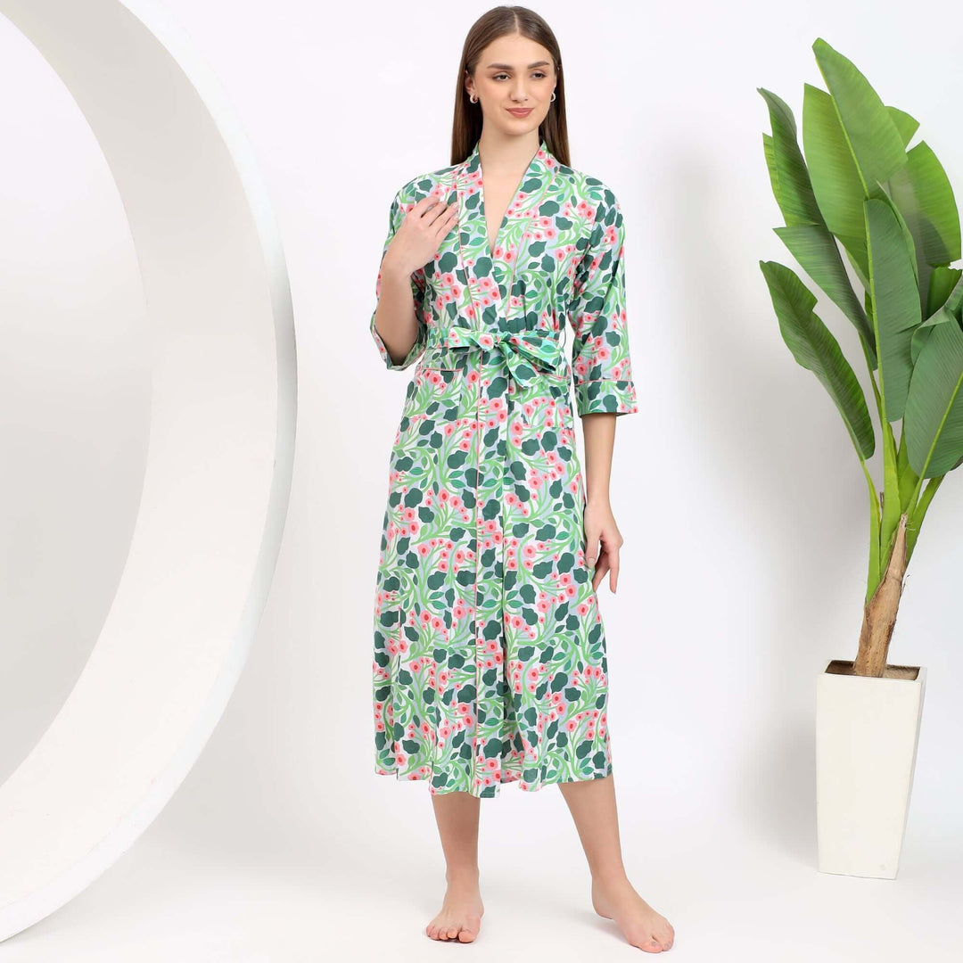 Floral Block Print Dressing Gown – Cotton Kimono Robe for Women XXL / Yellow
