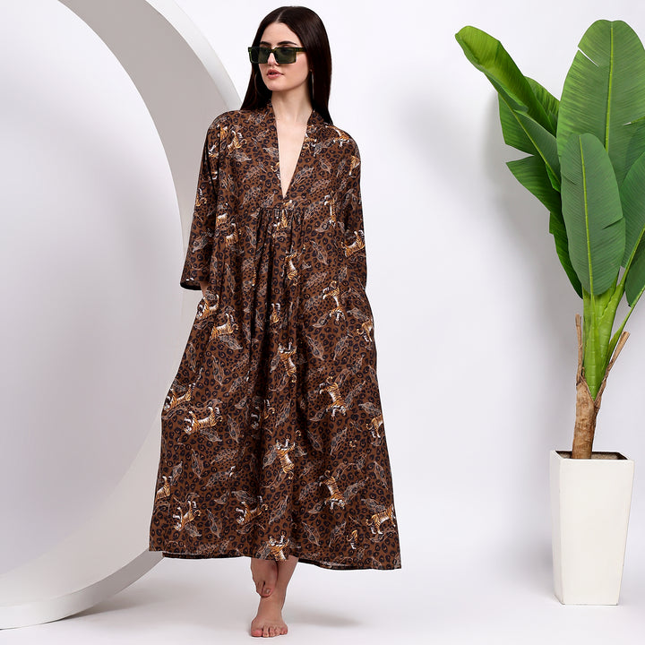 Wild Chic: Deep V-Neck Brown Tiger Print Midi Dress