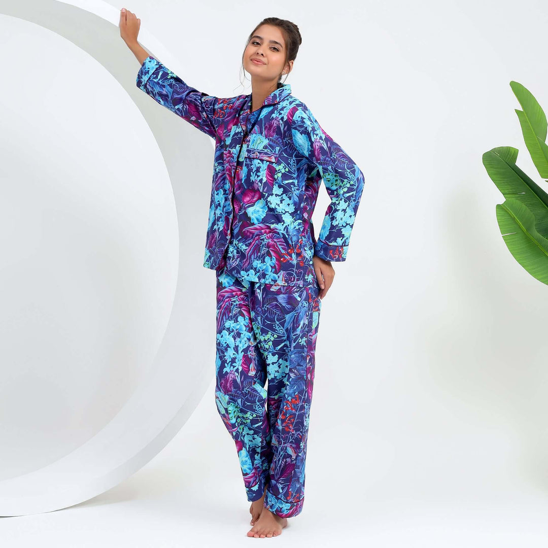 Indian Pajamas for Women in vibrant floral print cotton PJ set, perfect for stylish loungewear and sleepwear.