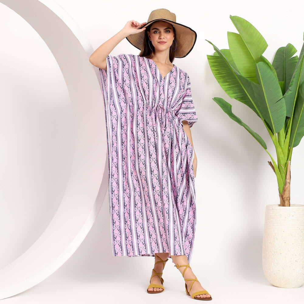 Indian stripe block print cotton kaftan dress - Vintage boho style kaftan for women