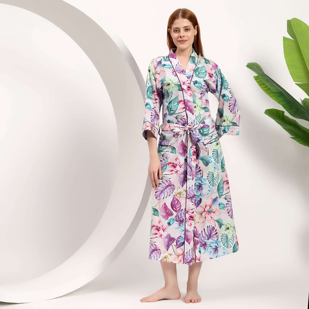 Japanese kimonos floral tropical leaf print ki-mono women's kimono bathrobe