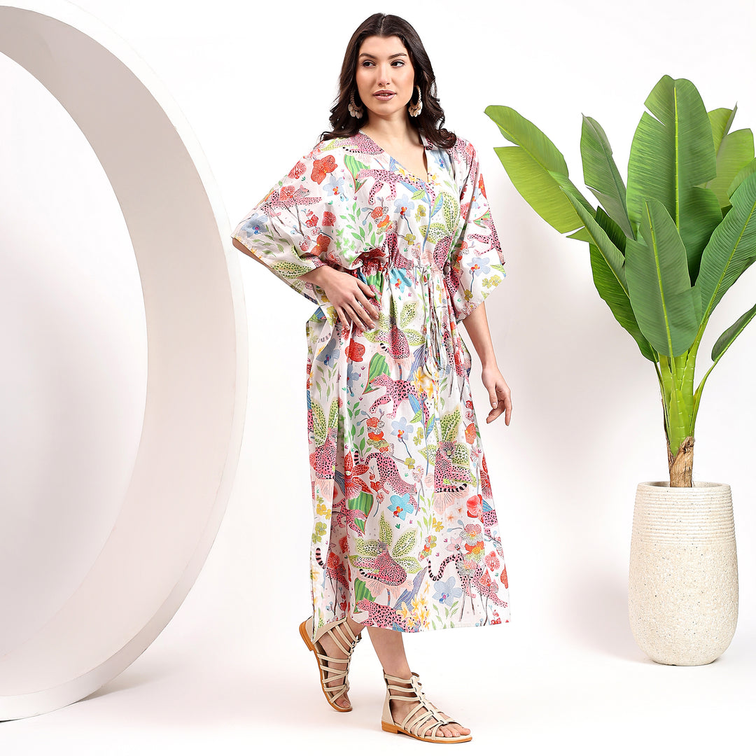 Boho-style leopard print cotton caftan