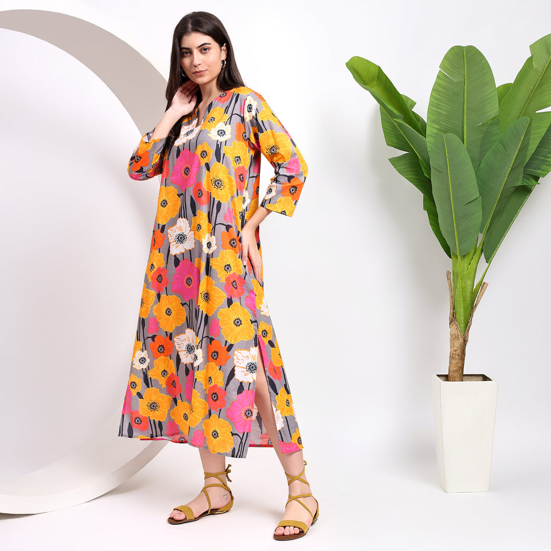 Yellow Blooms: Floral Midi Dress with Flirty Side Cuts