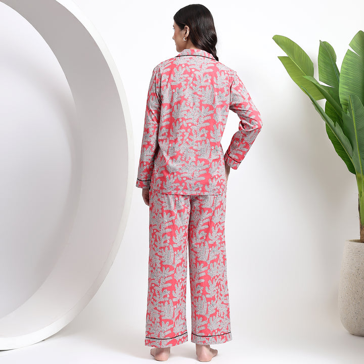 Women’s cotton pajama set in pink floral design, perfect for lounging or casual sleepwear