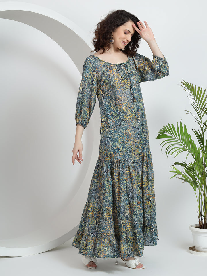 Round Neck Maxi Dress with Elastic Sleeves & Front Keyhole Detail