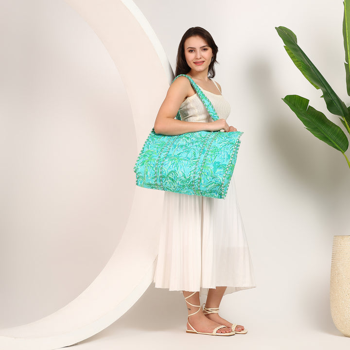 Large palm print shopping tote bag - Palm print quilted beach and travel bag