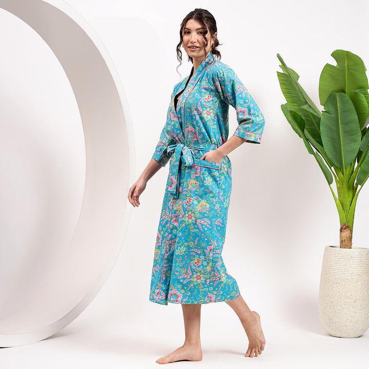Floral block print cotton kimono robe – boho dressing gown for women