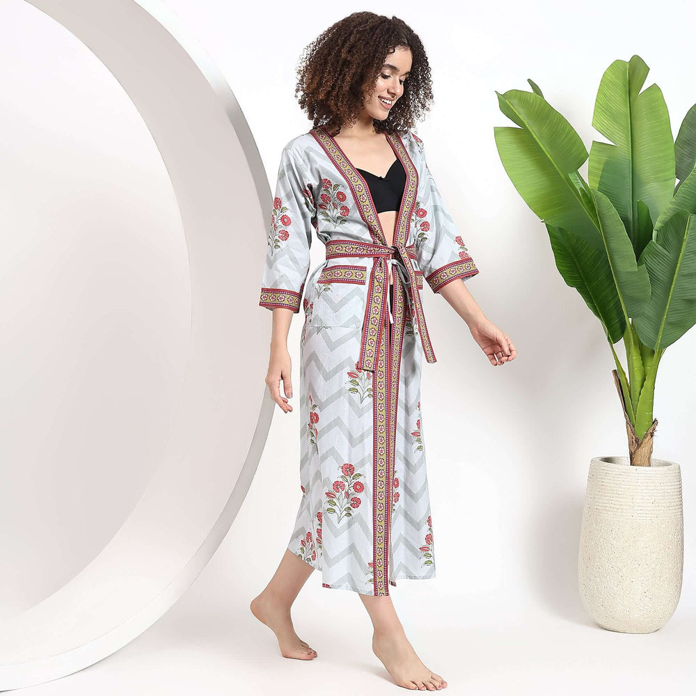 Indian block print cotton kimono robe for women