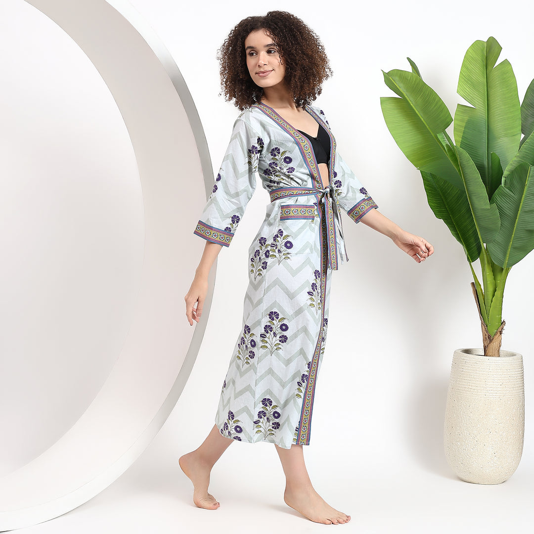 Kimono-inspired block printed nightgown robe, ideal for loungewear or a casual evening.