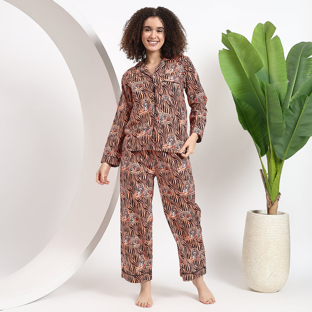 Brown Long PJ Set Bagheera Print Cotton Sleepwear