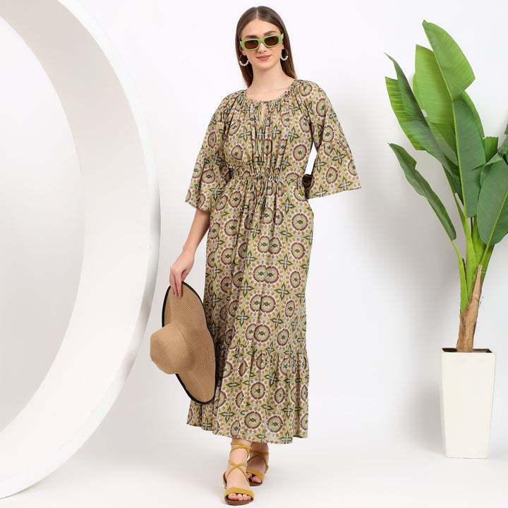 Flat-lay of the Claudia Mustard Handblock Cotton Maxi Dress, showcasing its detailed design and high-quality cotton fabric.