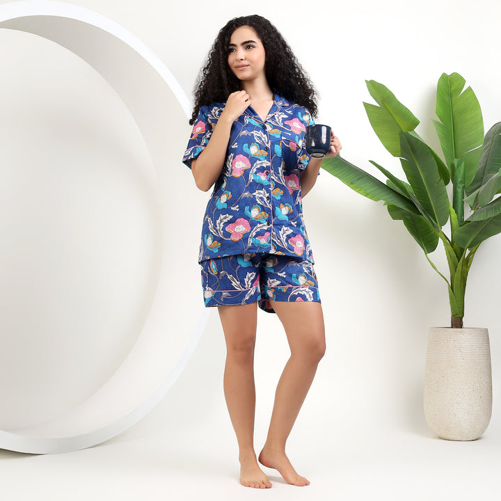 IndoLibas women's blue floral block print cotton pajama short set