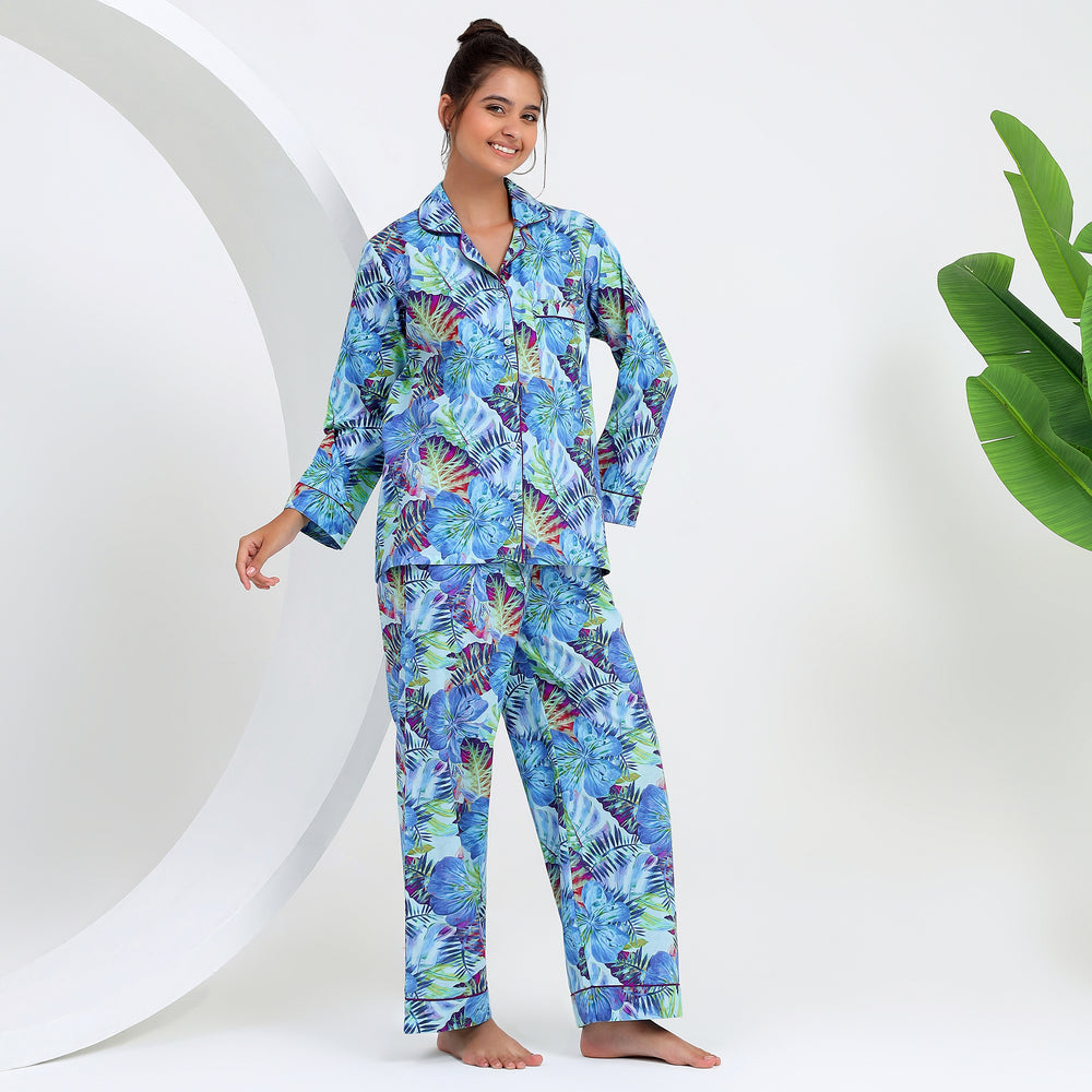 Blue tropical print cotton pajama set for wholesale boutiques