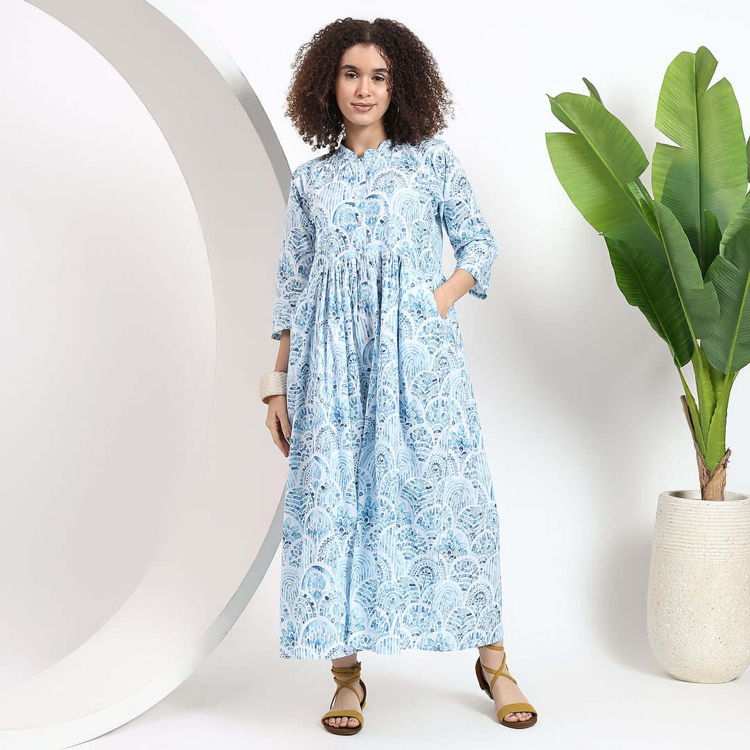 Sky Blue and White Kurti with Button-Down Neck