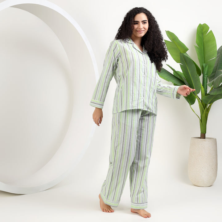 womens family matching cotton striped pajamas with light green and white stripes, ideal for cozy family gatherings.