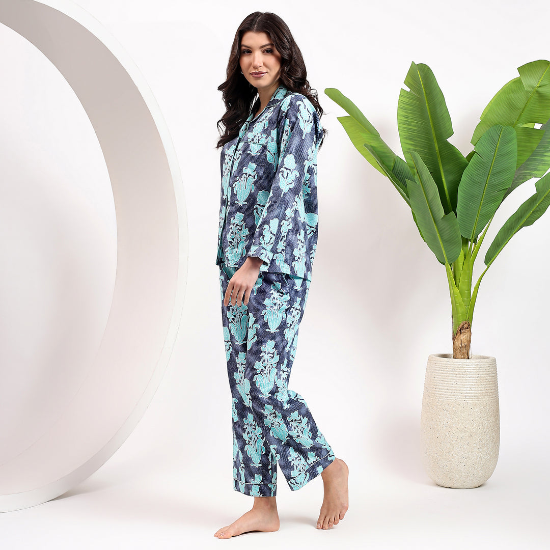 Matching indigo cotton pajama set – block print women’s PJs