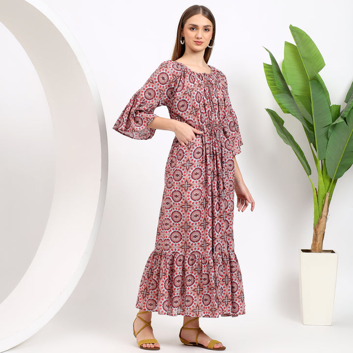 Claudia Brown Handblock Cotton Maxi Dress