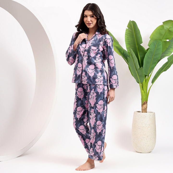 Block print cotton pajamas for women - 
Indigo print matching PJ set