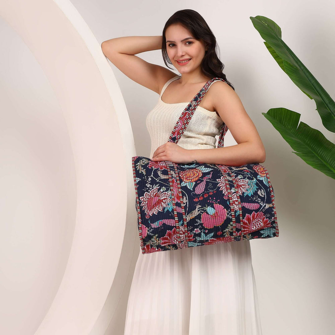 Large cotton beach tote bag with floral Indian print