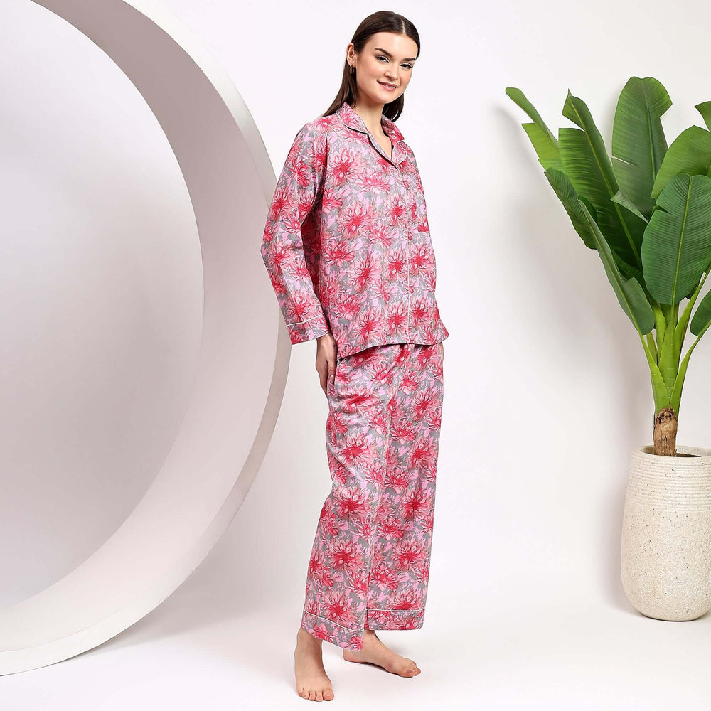 matching pajama sets for women in pink floral print, perfect for loungewear and casual gatherings.