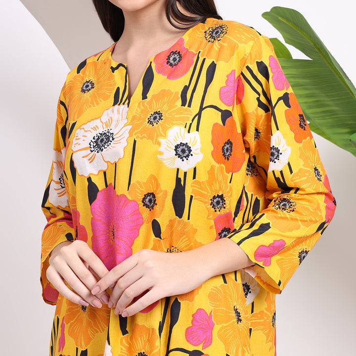 Yellow Blooms: Floral Midi Dress with Flirty Side Cuts