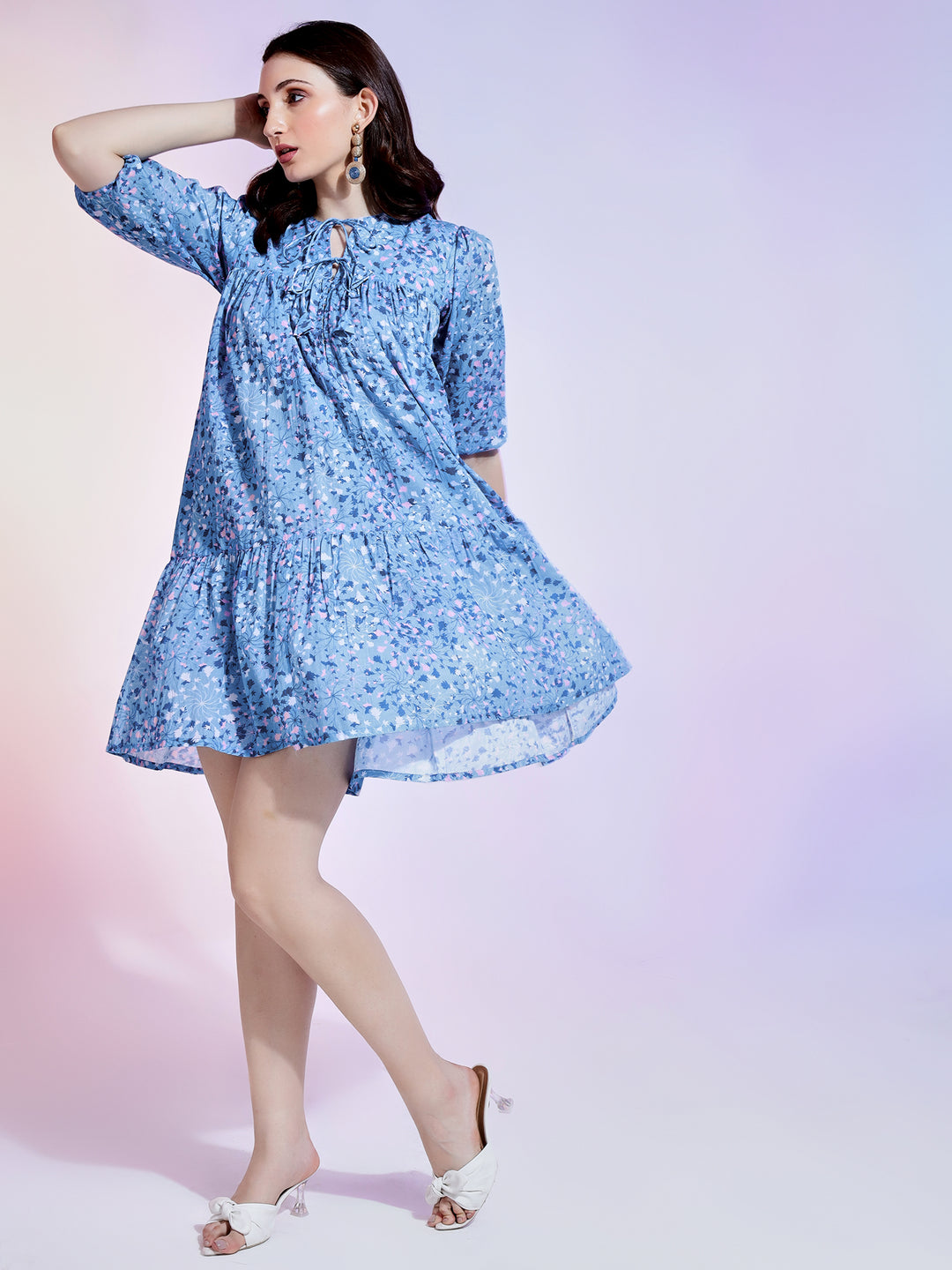 Wholesale Dress: Mini Cotton Blue With Boho Fluffy Style