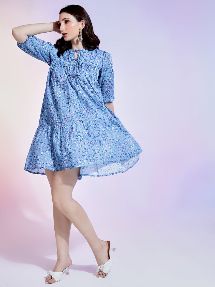 Wholesale Dress: Mini Cotton Blue With Boho Fluffy Style