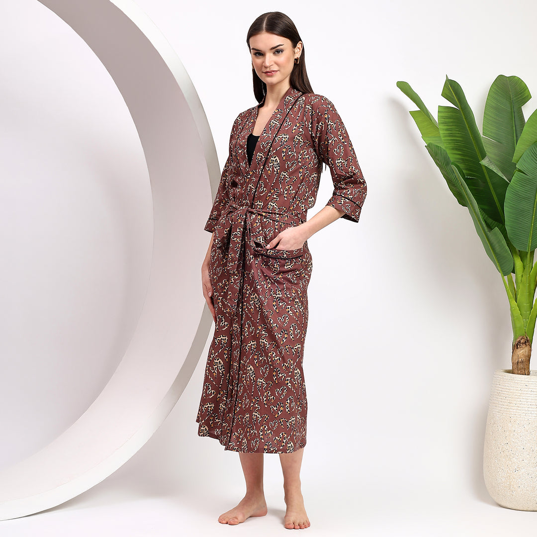Animal print kimono robe – leopard cotton dressing gown for women