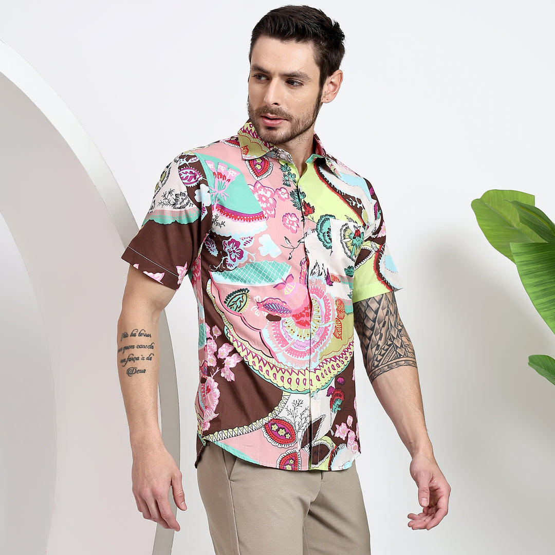 Tropical print on a men's shirt, perfect for casual summer outings