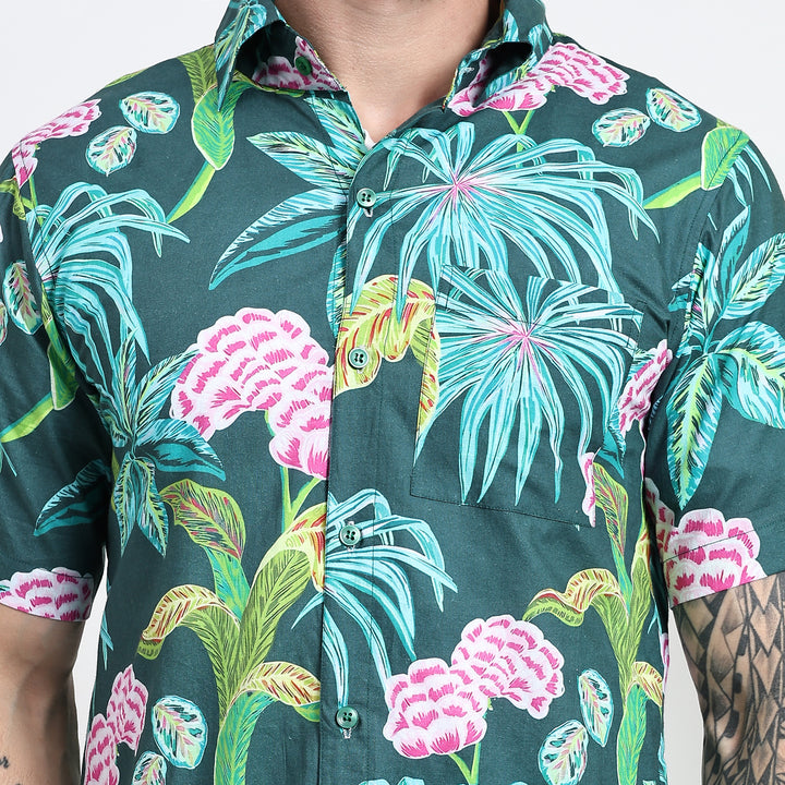 Close-up of button-down front on slim fit Hawaiian shirt for men