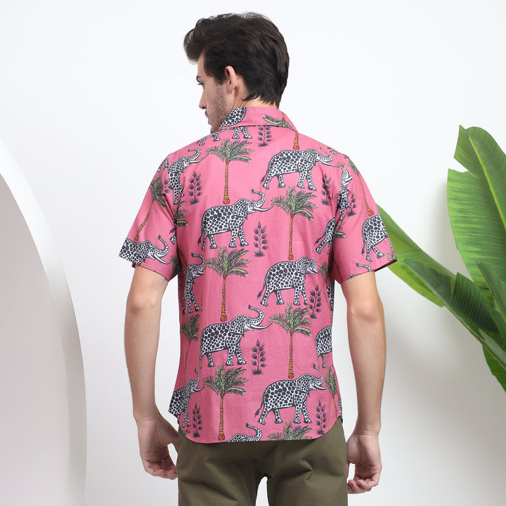 Back view of the tropical-inspired animal print men’s Cuban collar shirt