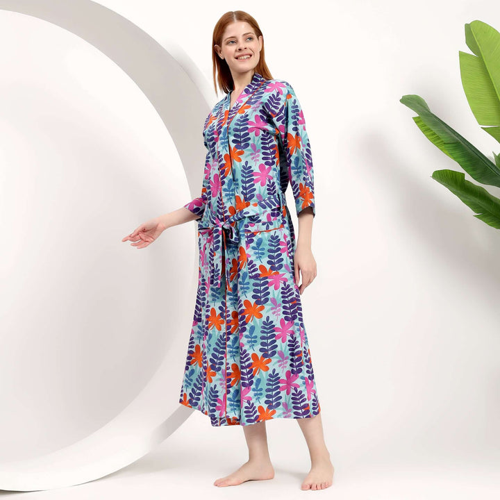 Wholesale Tropical Print Kimono Robe for Boutiques worn by model in vibrant floral design.