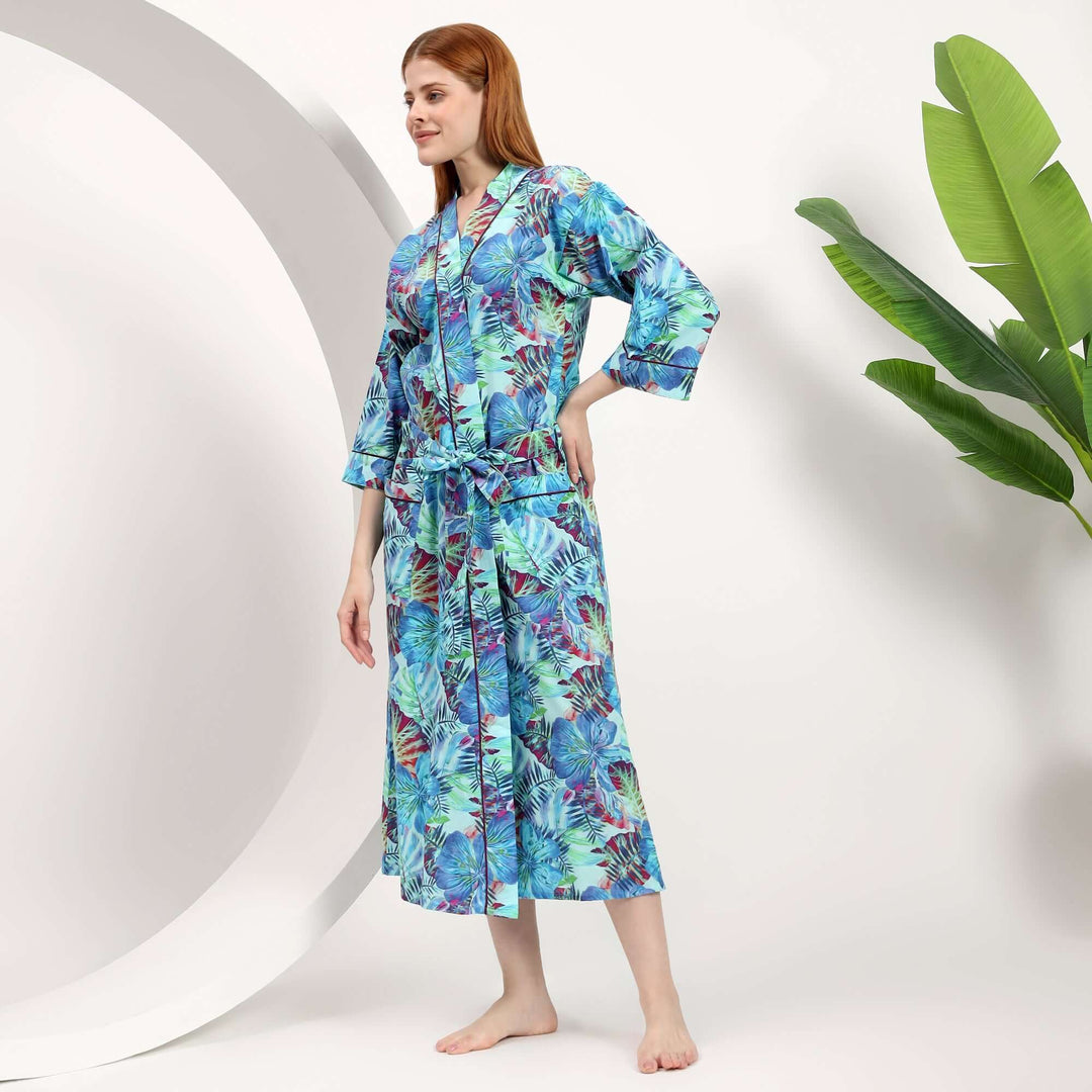 Tropical print Indian kimonos robe women long robe dressing gown floral