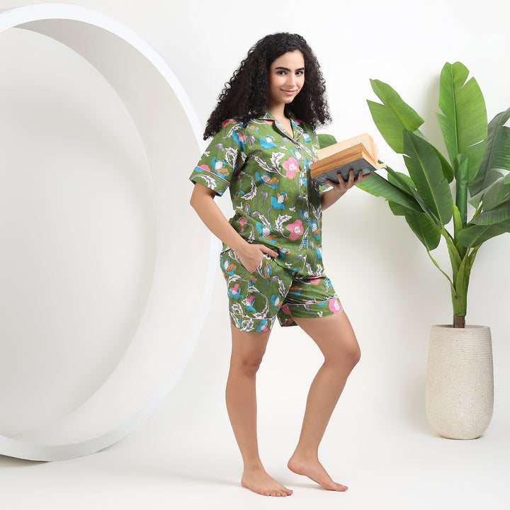 Green floral cotton sleepwear set with shorts and button top