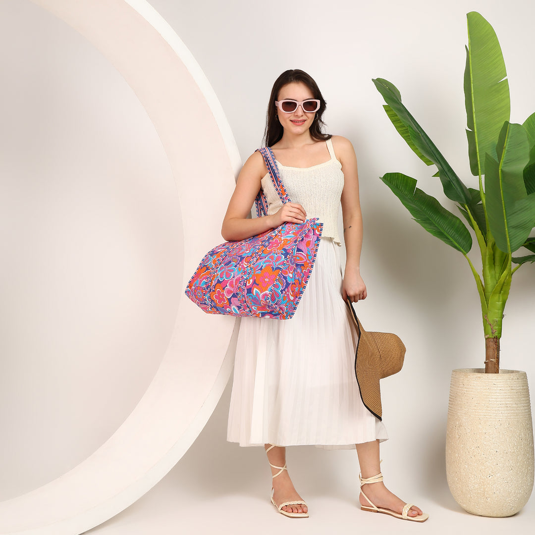 Large cotton tote bag with colorful floral print
