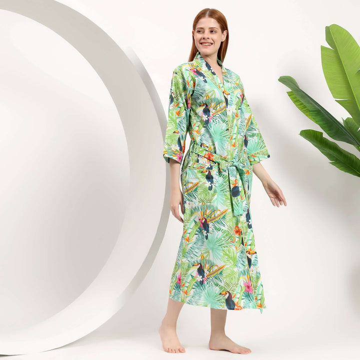 Bird print cotton kimono robe wholesale displayed on model, featuring vibrant nature-themed design and lightweight fabric.
