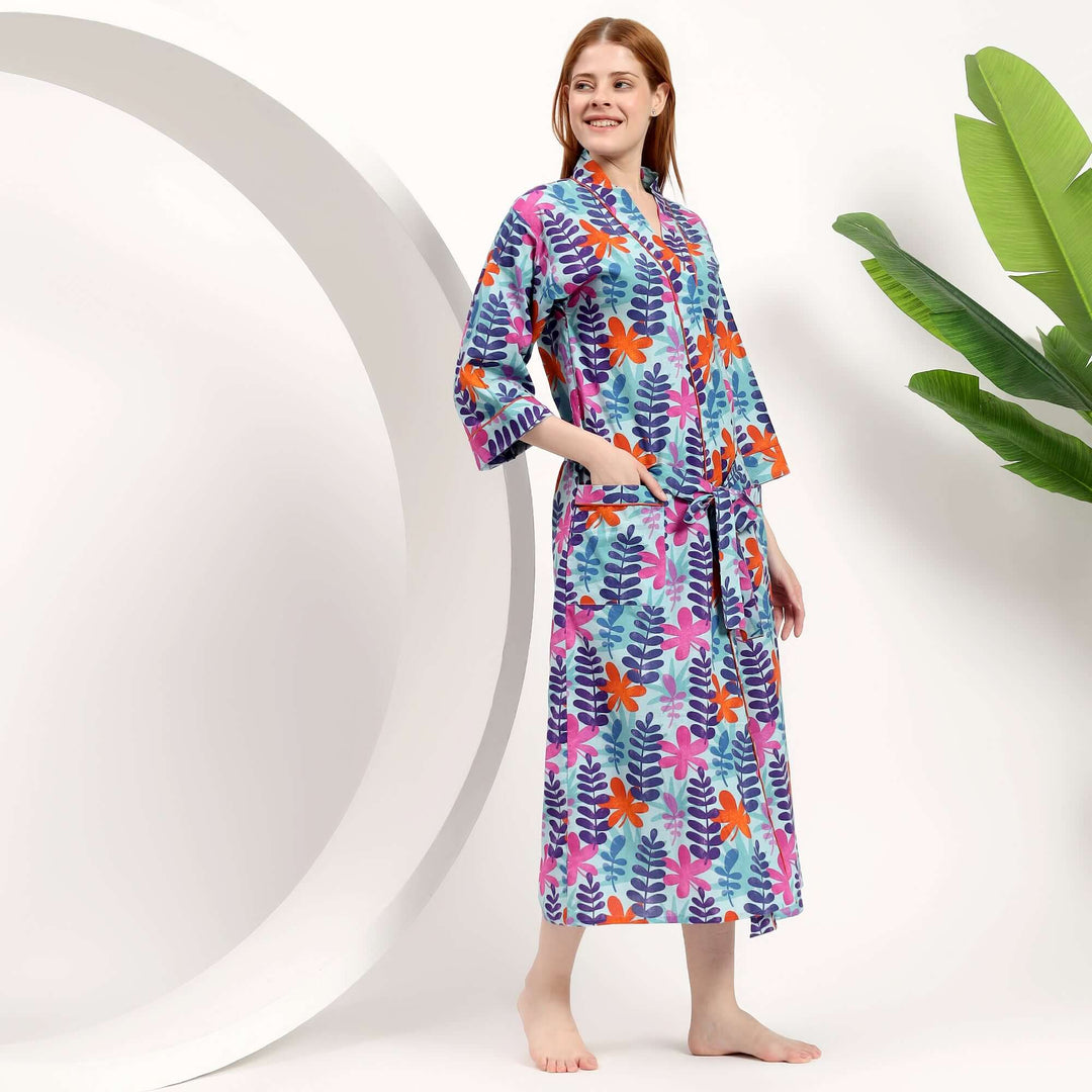 Leaf Print Cotton Kimono Robe for Women