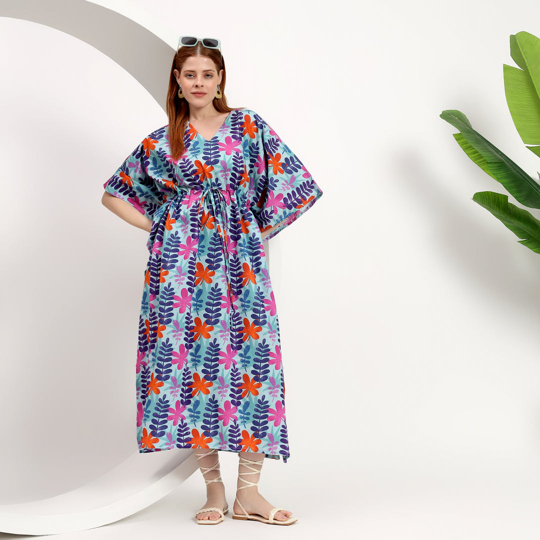 Caftan dress floral leaf print indian cotton Indolibas - Moroccan caftan kaftan dresses women floral leaf print