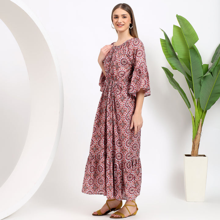 Claudia Brown Handblock Cotton Maxi Dress