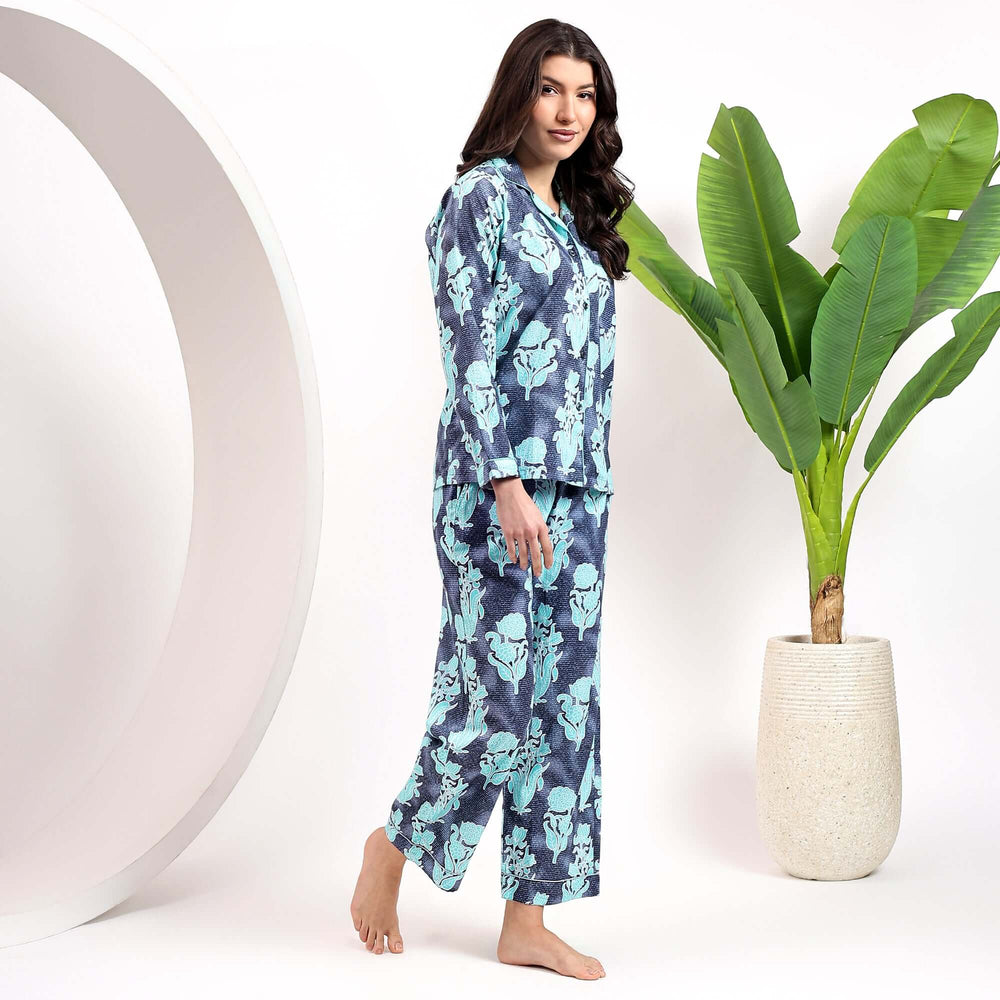 Model wearing indigo print cotton pajama sets designed for comfort and style, showcasing breathable fabric and elegant design.