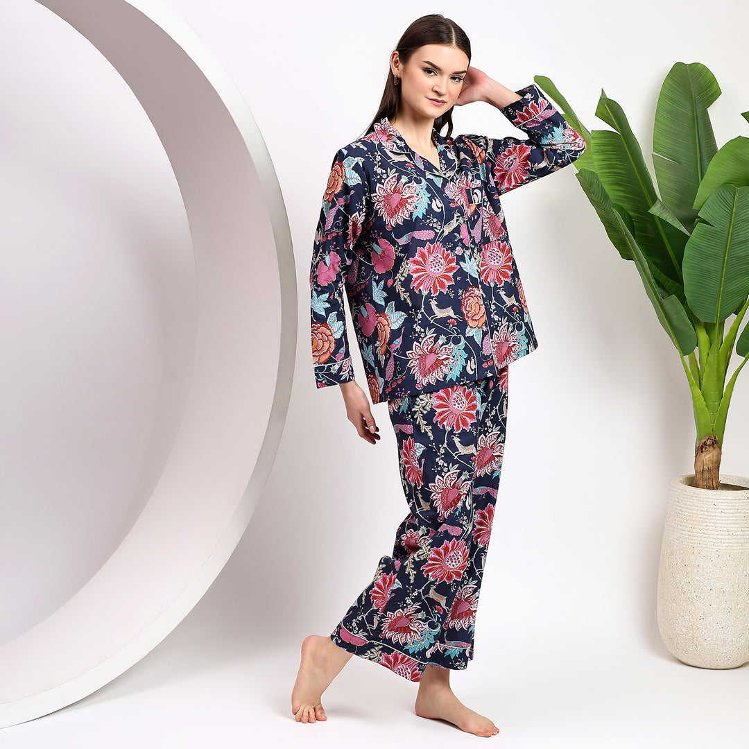 Women’s cotton block print pajama set – floral matching PJs