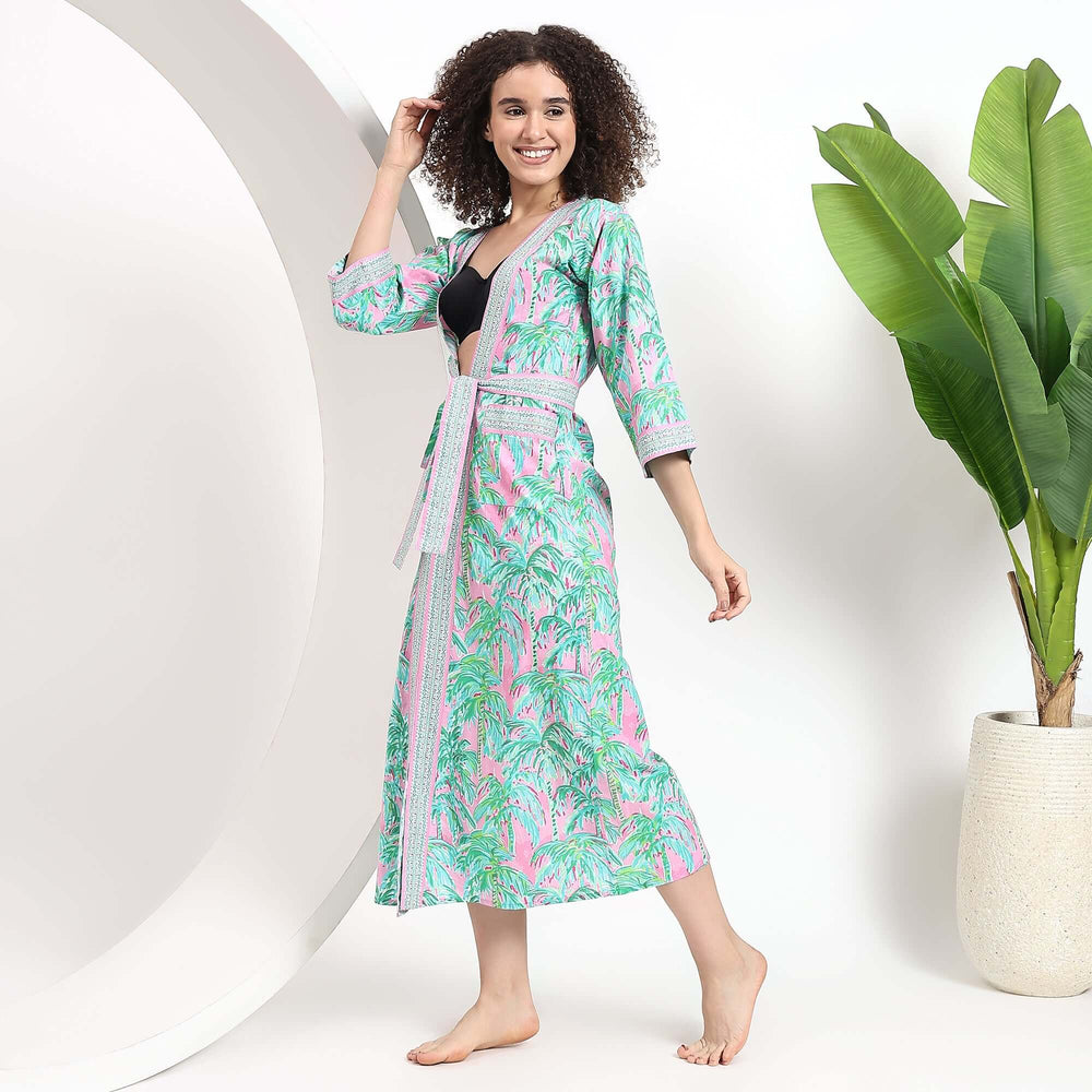Tropical Indian block print cotton kimono robe