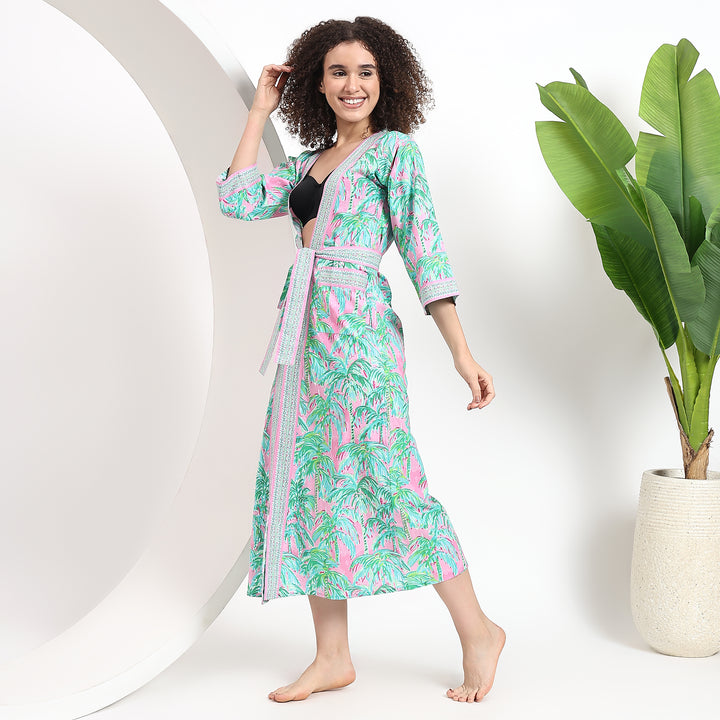 Elegant plus size kimono with tropical palm print and functional details