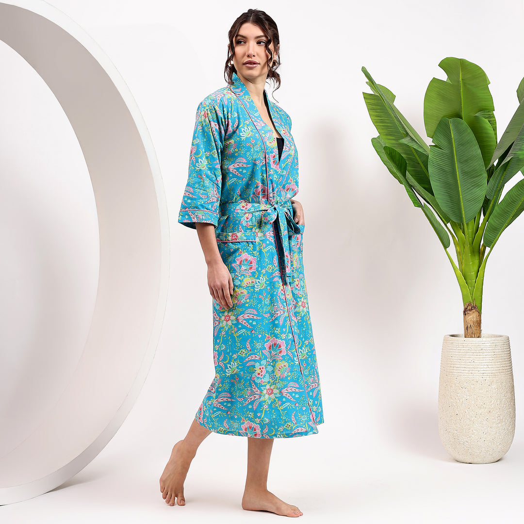 Bohemian style robe – floral block print cotton kimono for women
