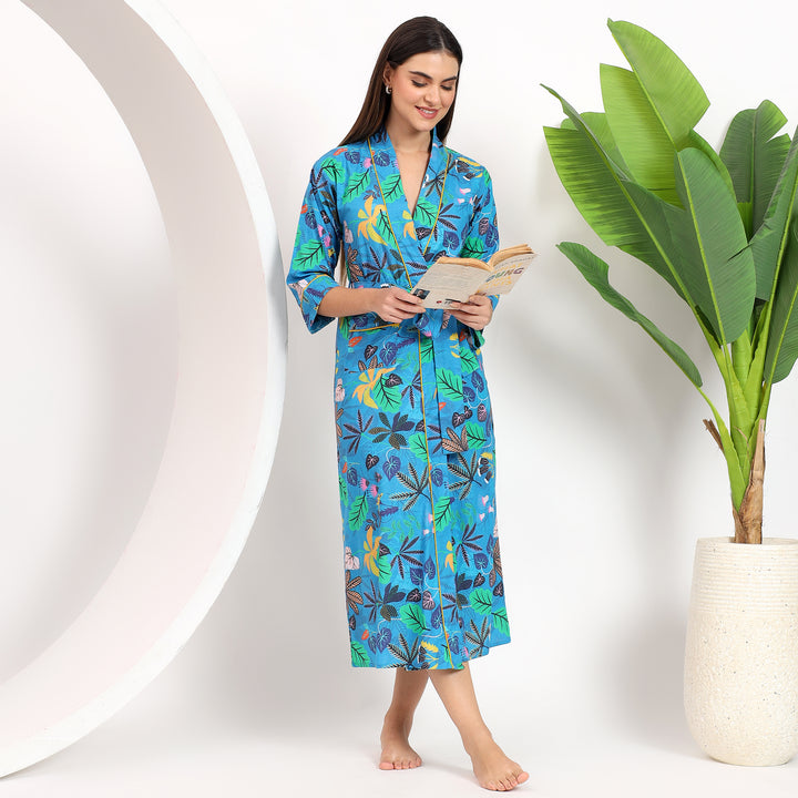 Blue floral print cover-up for women, perfect for layering over swimwear