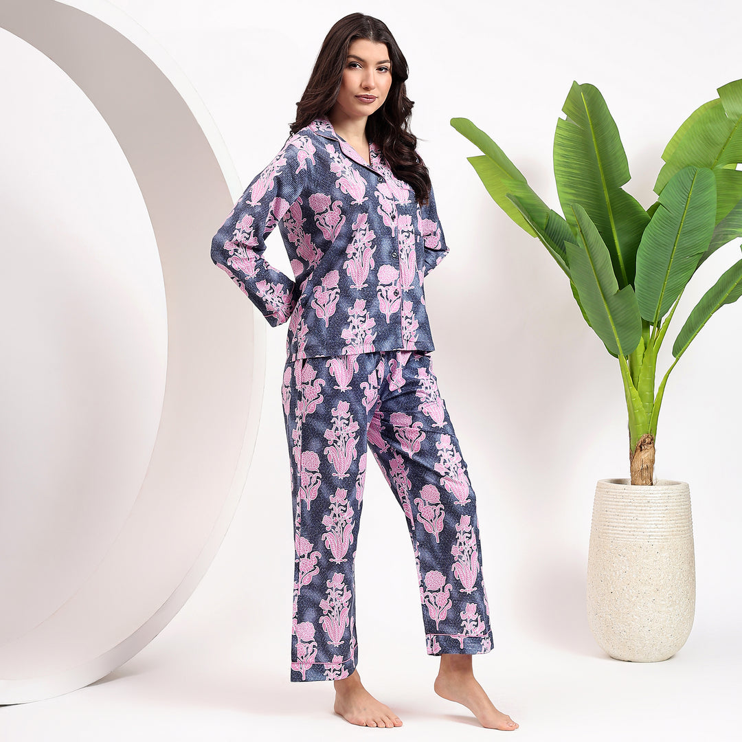 Family matching cotton pajama set – indigo blue block print PJs