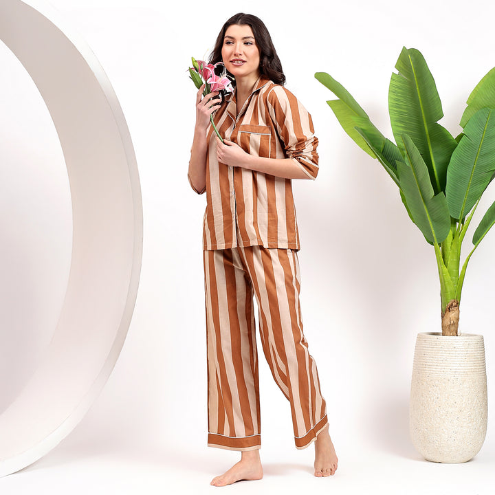 Women’s cotton pajama set – stripe print hand block pajamas